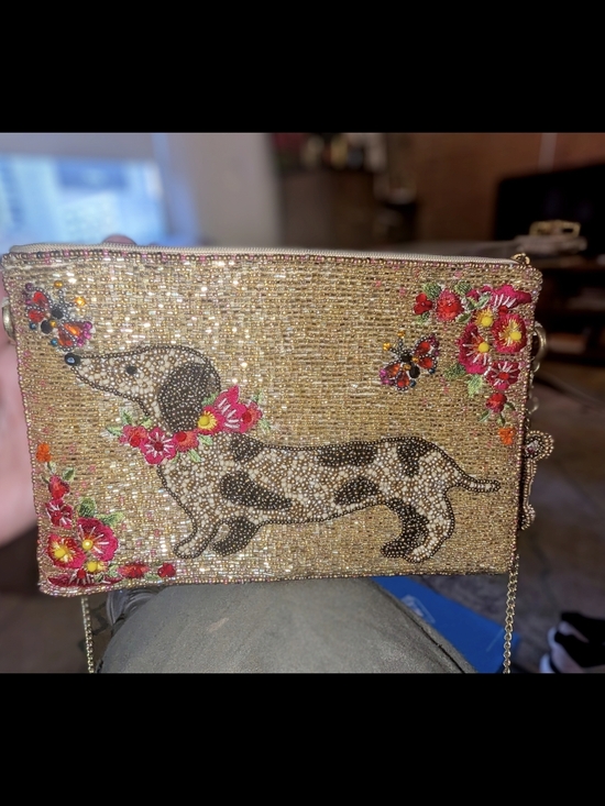 Mary Frances Handbags - MARY FRANCES Beaded Gold Dachshund Crossbody Clutch with Floral Embroidery